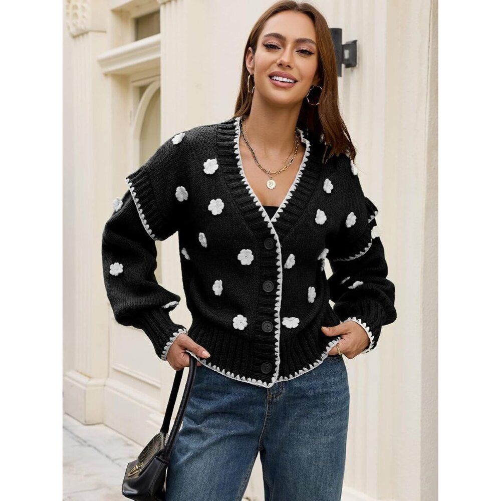 Women's Floral Cardigan Sweater Chunky Knit Drop Shoulder V Neck Button - Picture 3 of 7